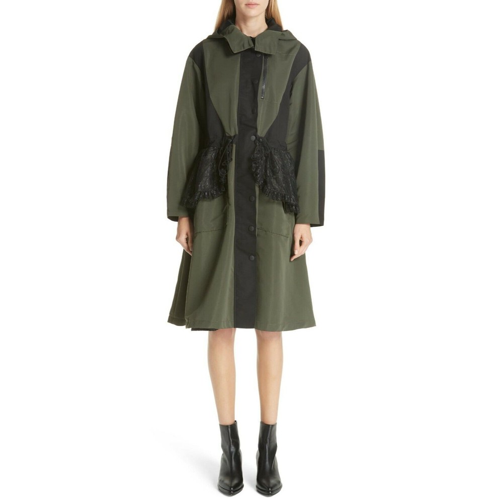 SANDY LIANG Olive Black TURNER Lace Ruffle Peplum Hooded Anorak Coat Jacket 8 40